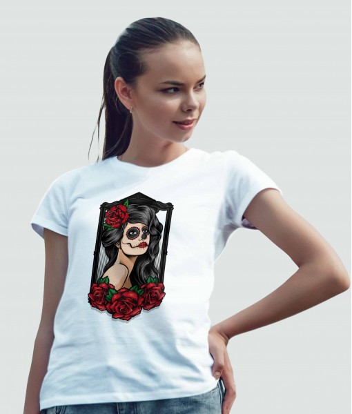 Дамска тениска с щампа Арт Sugarskull women with roses